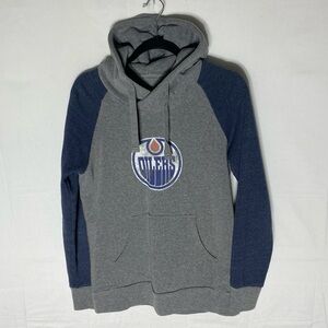 Fanatics Oilers Grey Blue Distressed Logo Pullover Hoodie M